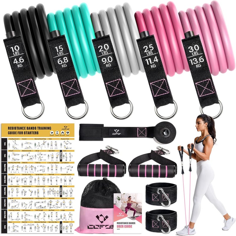 COFOF Resistance Bands with Handles for Women, 5 Level Exercise Bands Workout Bands for Physical Therapy, Yoga, Pilates, Door Anchor, Storage Pouch - Image 1